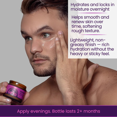 Man applying retinol moisturizer to face with purple jar container in hand