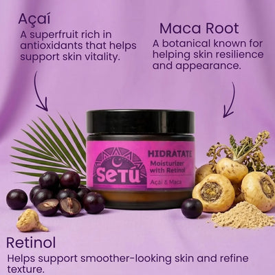 Men's retinol moisturizer jar with acai & maca, surrounded by ingredients