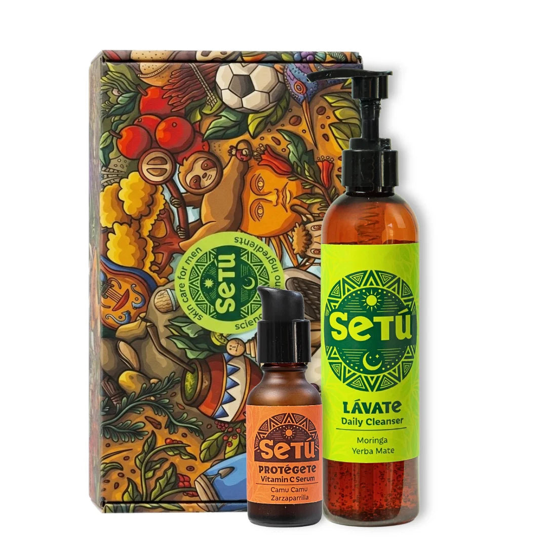 Setu skincare products including a box with colorful designs and two bottles on a white background.