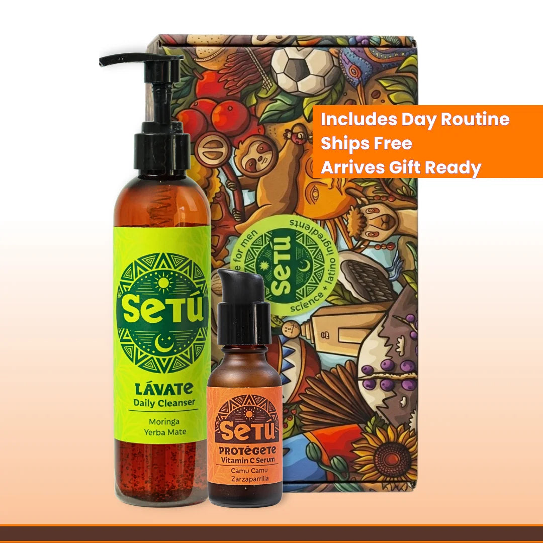 Setu men's morning routine gift box with daily cleanser and serum in decorative box
