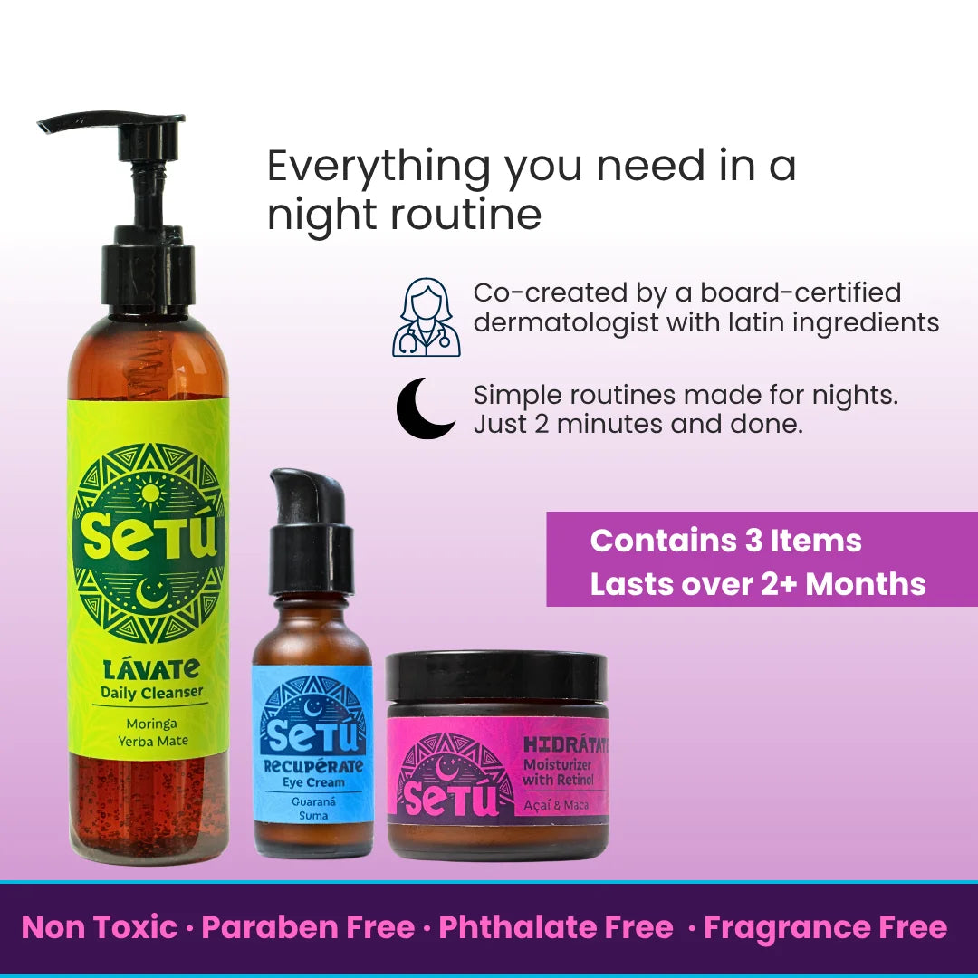 Night skincare routine set with cleanser pump, eye cream dropper, and moisturizer jar