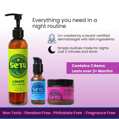 Night skincare routine set with cleanser pump, eye cream dropper, and moisturizer jar