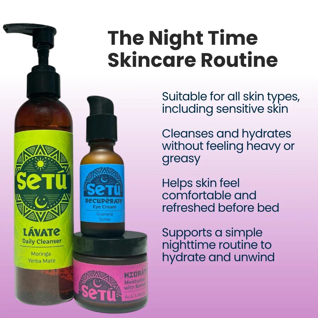 Night skincare routine bottles and jar: cleanser, recovery eye cream, hydrating moisturizer