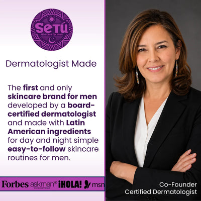 Promotional graphic featuring a certified dermatologist and brand seal for men’s skincare