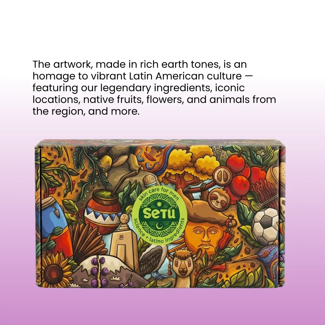 Patterned night routine box with rich earth-tone illustration mural artwork