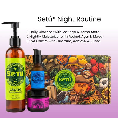 Night routine skincare set with cleanser, moisturizer, and eye cream bottles plus box