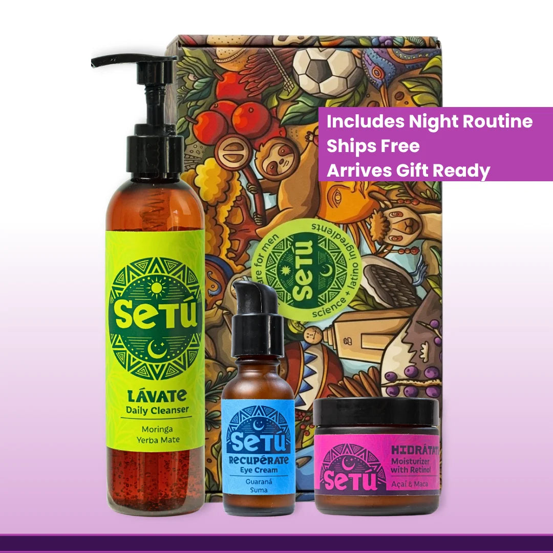 Night routine skincare gift set with pump cleanser, two small bottles, and patterned box