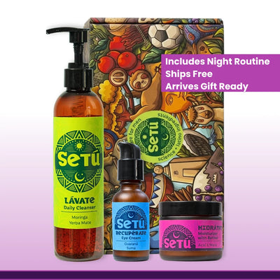 Night routine skincare gift set with pump cleanser, two small bottles, and patterned box