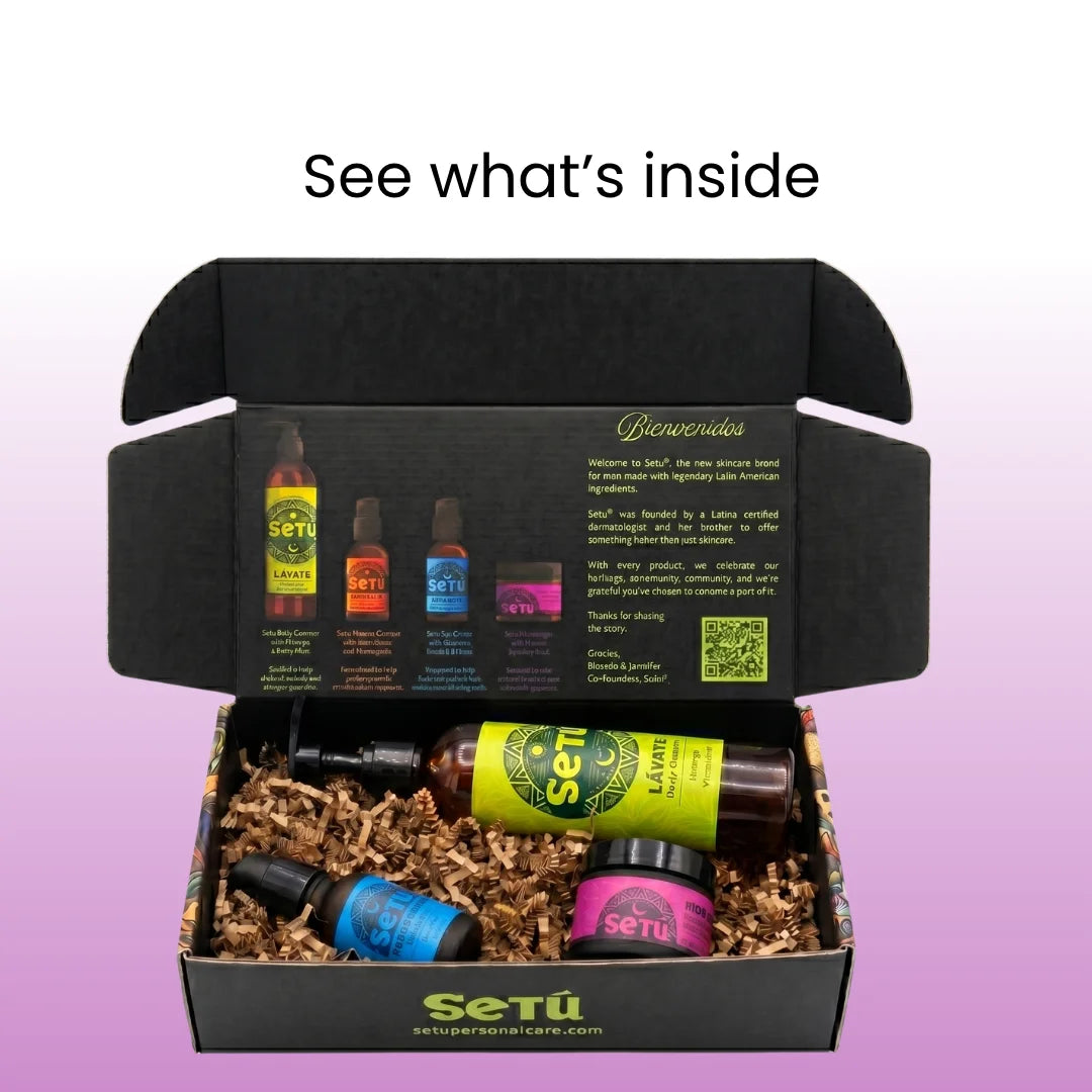 Open skincare gift box with multiple bottles and visible product labels inside