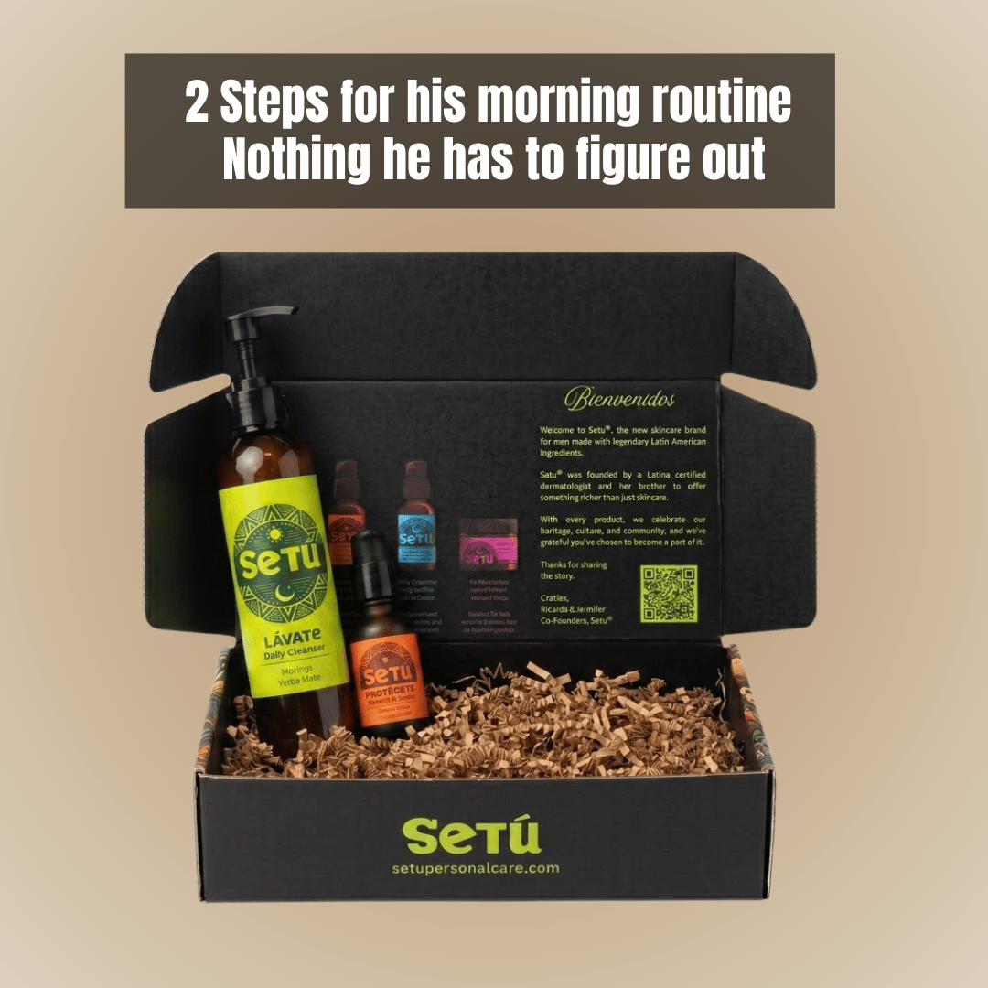 Setu personal care morning routine products in an open black box on a beige background