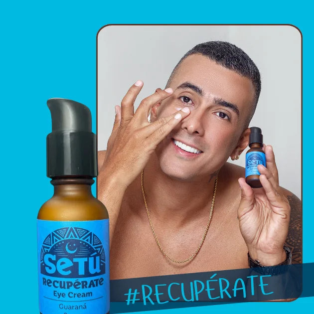 Man applying eye cream with Setu eye cream bottle on a blue background