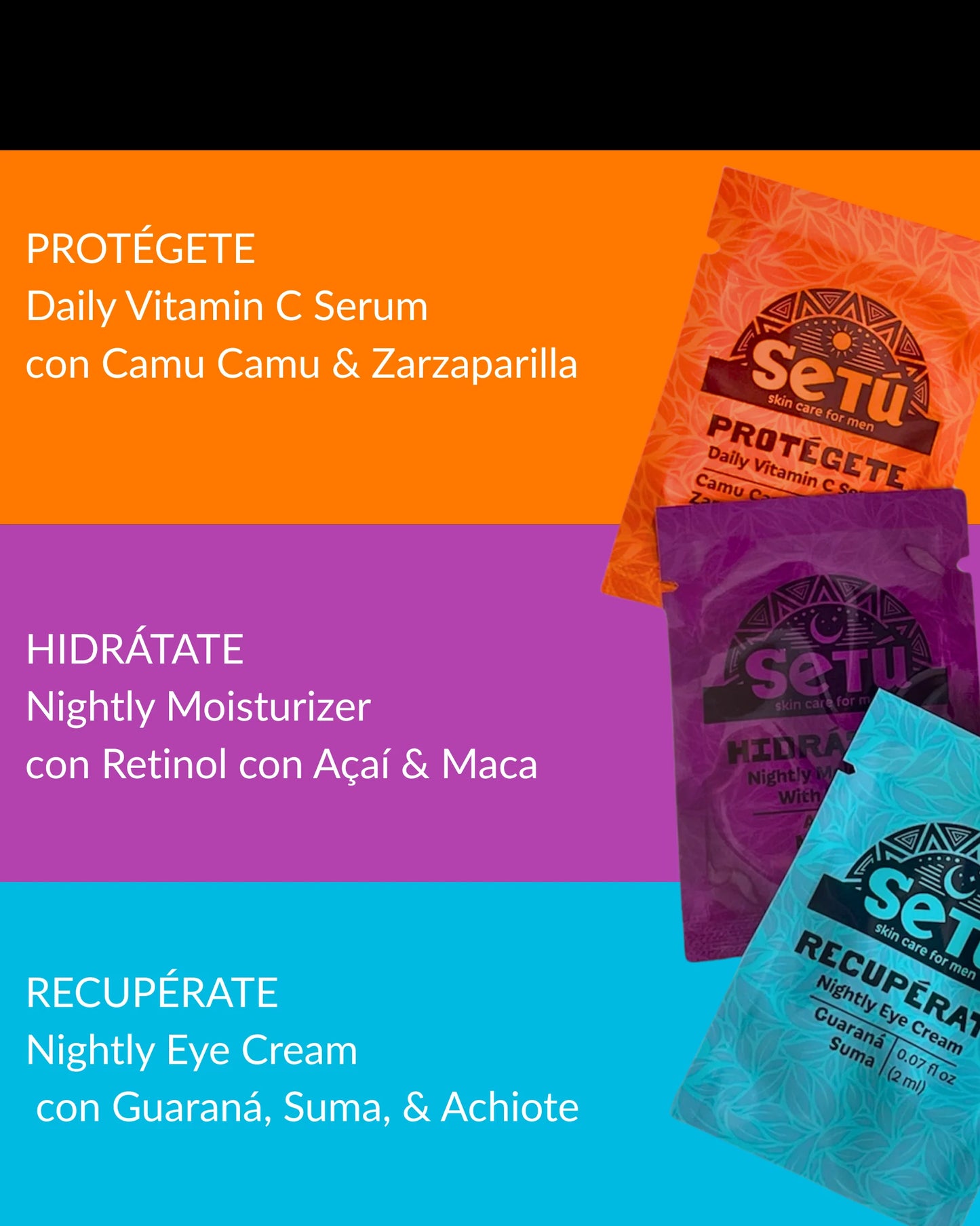 Setu skincare samples for men with packaging on a colorful background