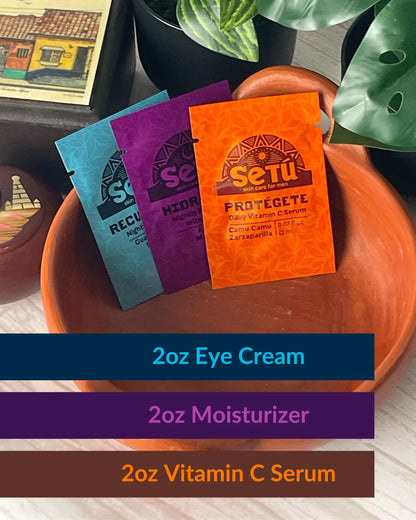 Setu skincare samples, sachets, or packets of vitamin c, moisturizer, and eye cream for men