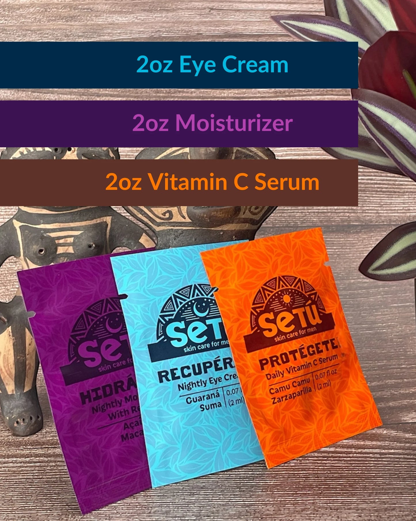 Setu skincare samples for men including eye cream, moisturizer, and vitamin C serum on a wooden surface.