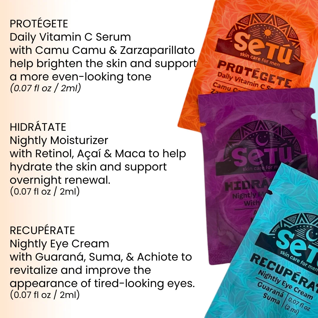 Skincare sample packets for daily vitamin C serum, nightly moisturizer, and eye cream.