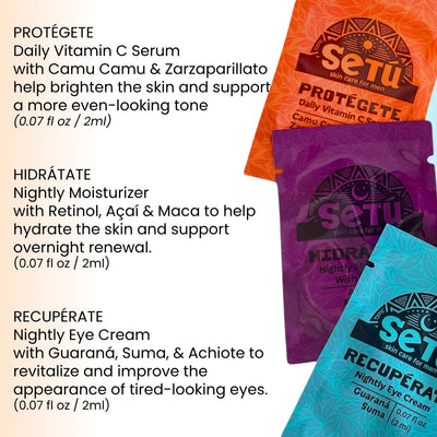 Skincare sample packets for daily vitamin C serum, nightly moisturizer, and eye cream.