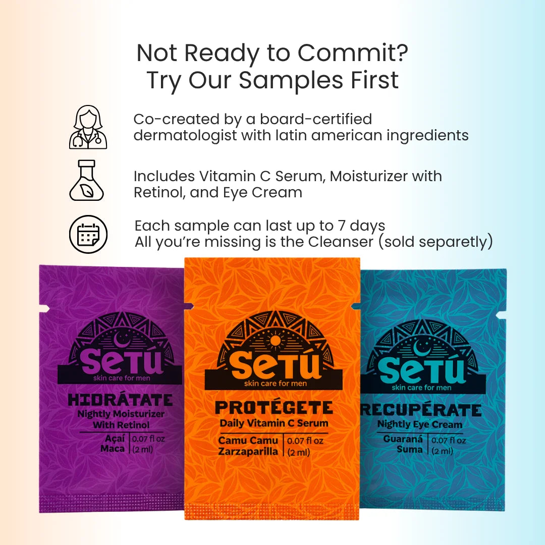 Skincare starter kit with three sample sachets: moisturizer, vitamin C serum, and eye cream.
