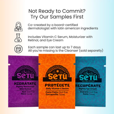 Skincare starter kit with three sample sachets: moisturizer, vitamin C serum, and eye cream.