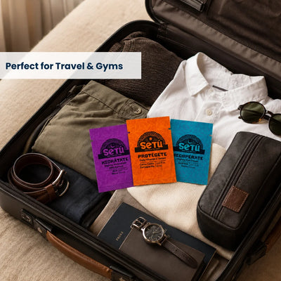 Skincare starter kit with three travel-size sachets and a zip pouch