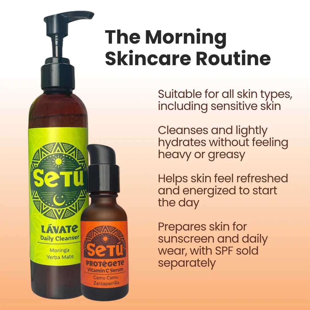 Morning skincare cleanser and vitamin C serum bottles with amber glass and droppers