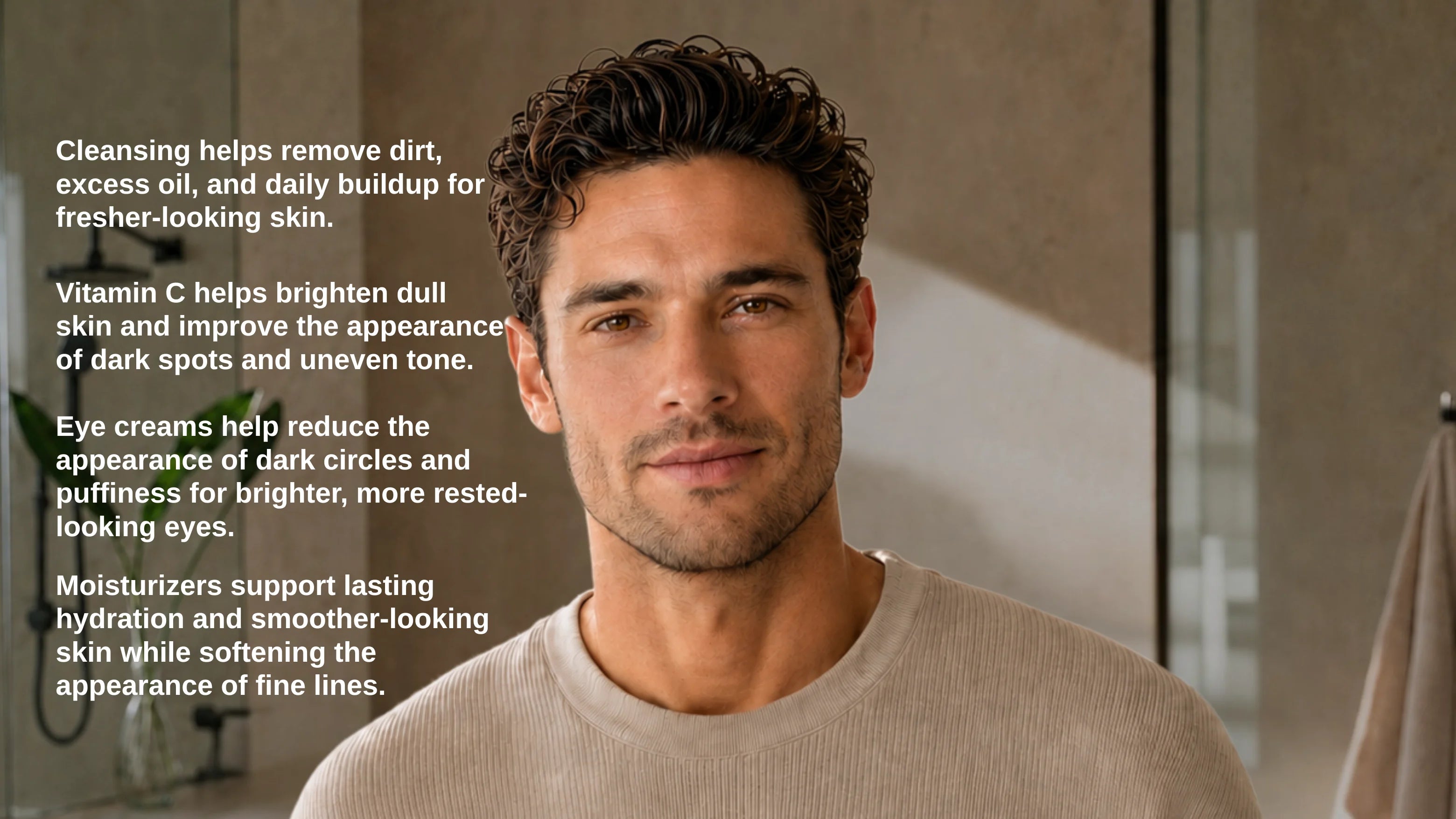 A man with short dark curly hair is shown from the chest up in a softly lit indoor setting, wearing a light beige knit shirt. White text on the left lists skincare benefits such as cleansing, vitamin C, eye creams, and moisturizers.