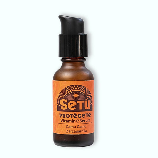 Setu vitamin C serum bottle with orange label on a white background
