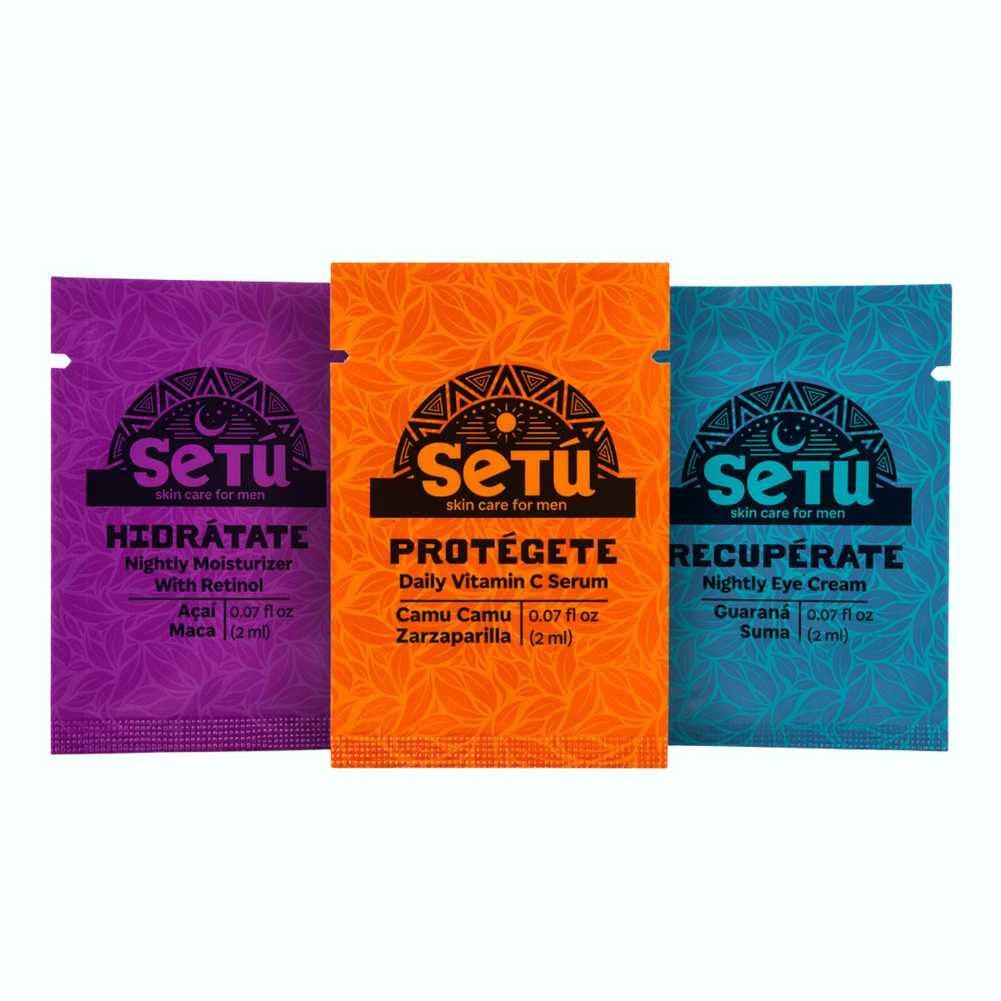 Three packets of Setu skincare for men products with samples of vitamin c, moisturizer, and eye cream