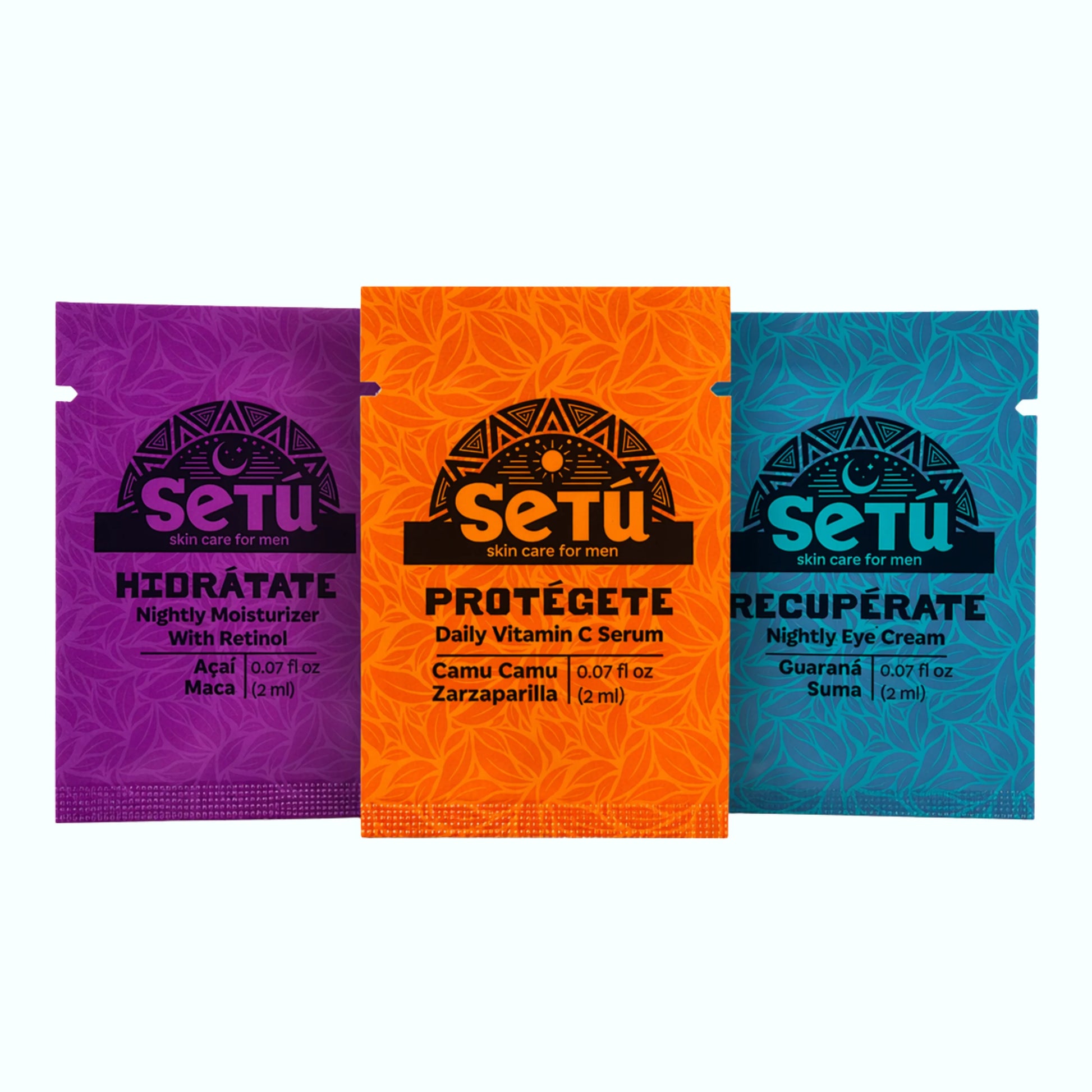 Three packets of Setu skincare for men products with samples of vitamin c, moisturizer, and eye cream