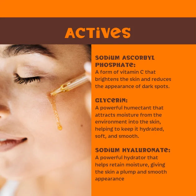 dropper applying a liquid to skin and text about Setu actives on an orange background.