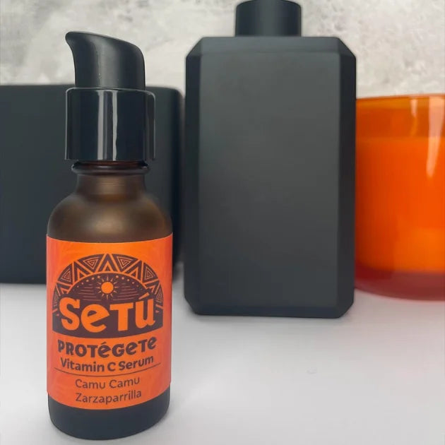 Setu Protégete Vitamin C Serum bottle with orange label on a white surface
