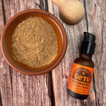 Bowl of brown powder next to a bottle of Setu skincare serum on a wooden surface