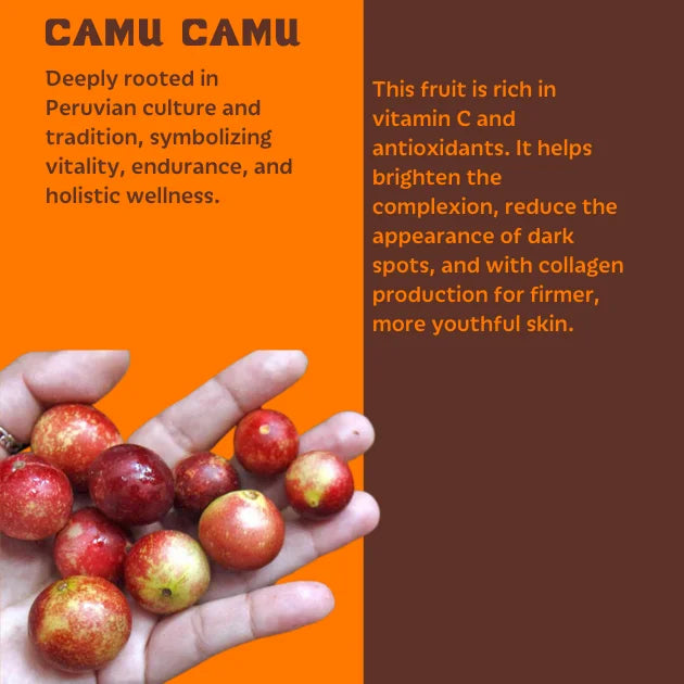 Hand holding camu camu berries with text about its cultural significance and health benefits on an orange and brown background.