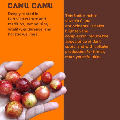 Hand holding camu camu berries with text about its cultural significance and health benefits on an orange and brown background.