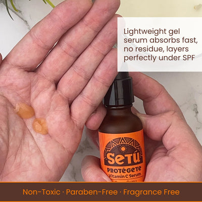 Vitamin C serum bottle in palm, amber glass with black dropper cap