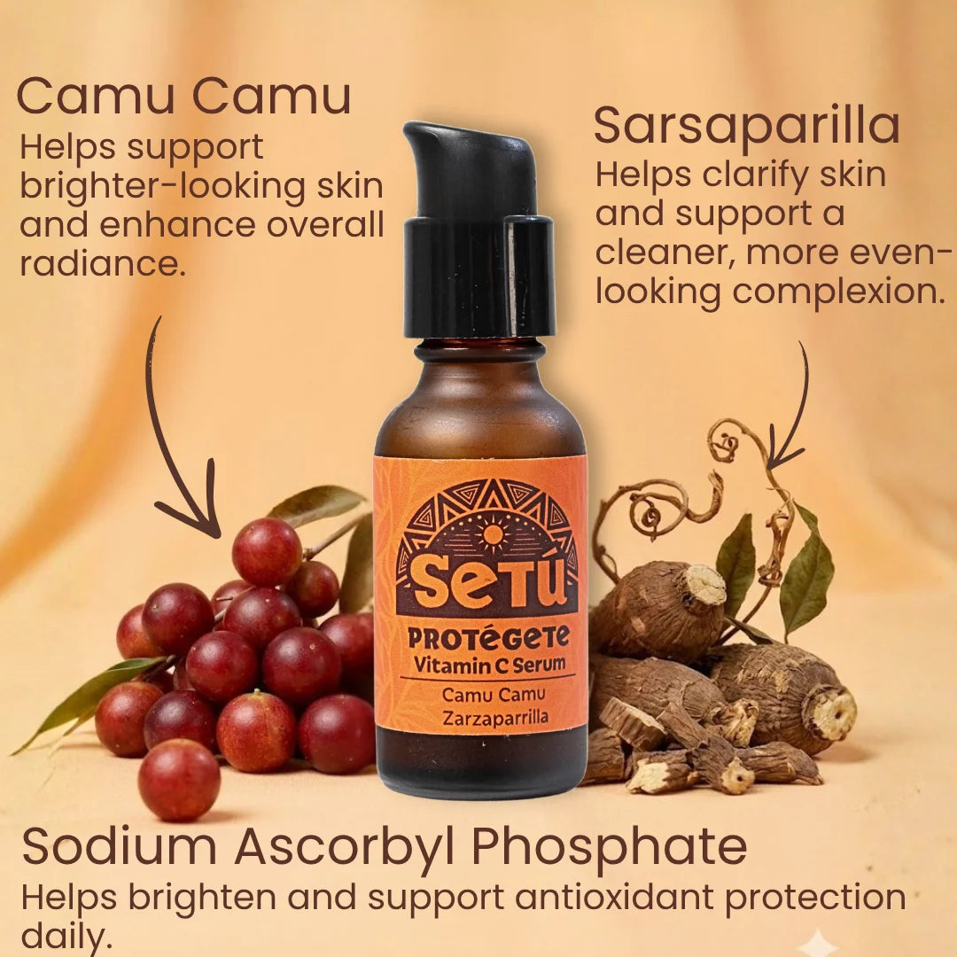 Vitamin C serum amber bottle with ingredient illustrations for brightening