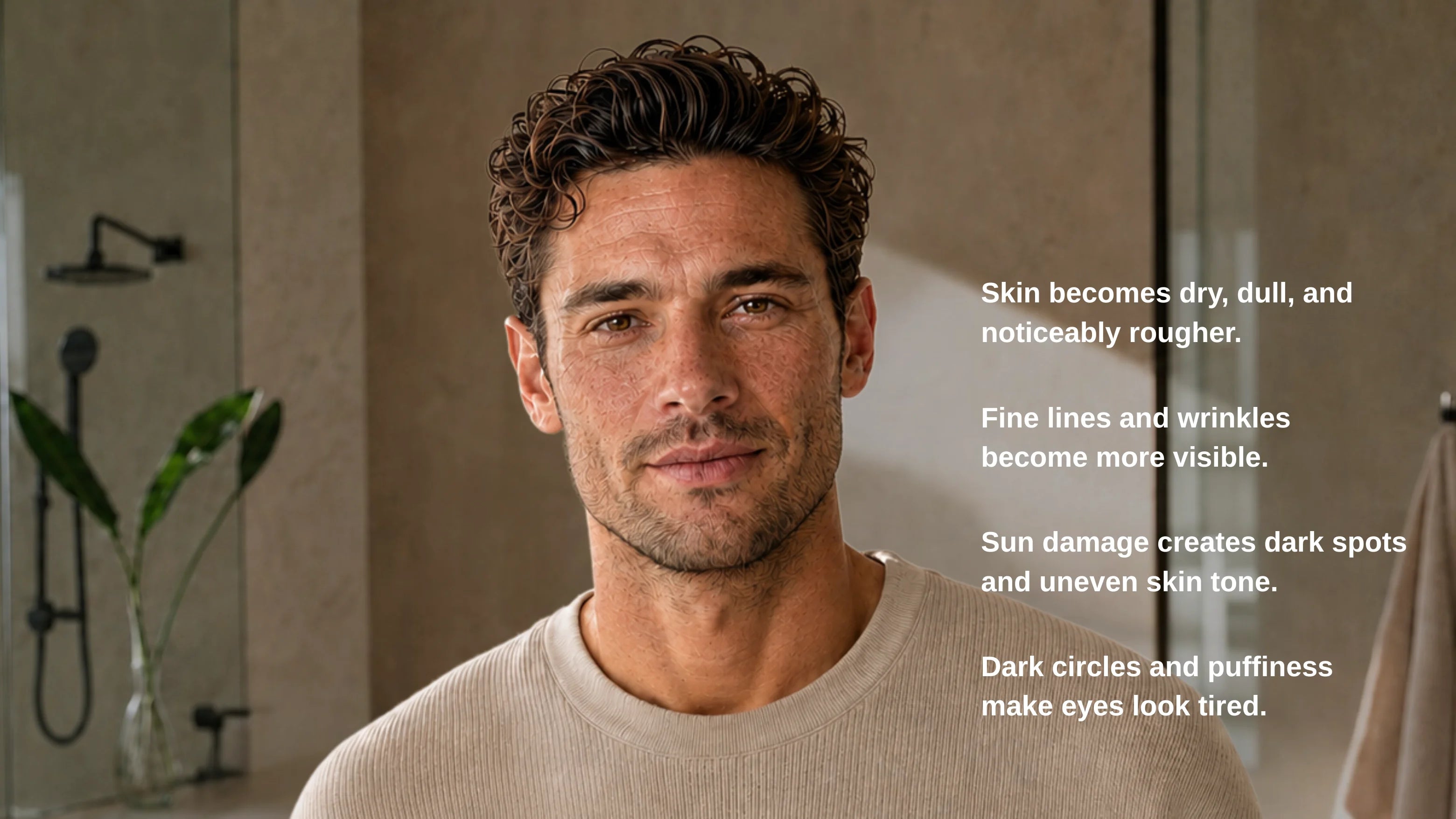 A man in a beige ribbed t-shirt shown in a bathroom setting with text overlays describing dry, dull, and roughened skin conditions.