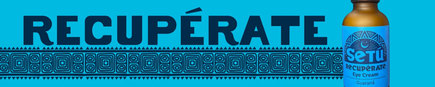 Bottle of 'SeTu Recuperate' with blue label and text on a blue background