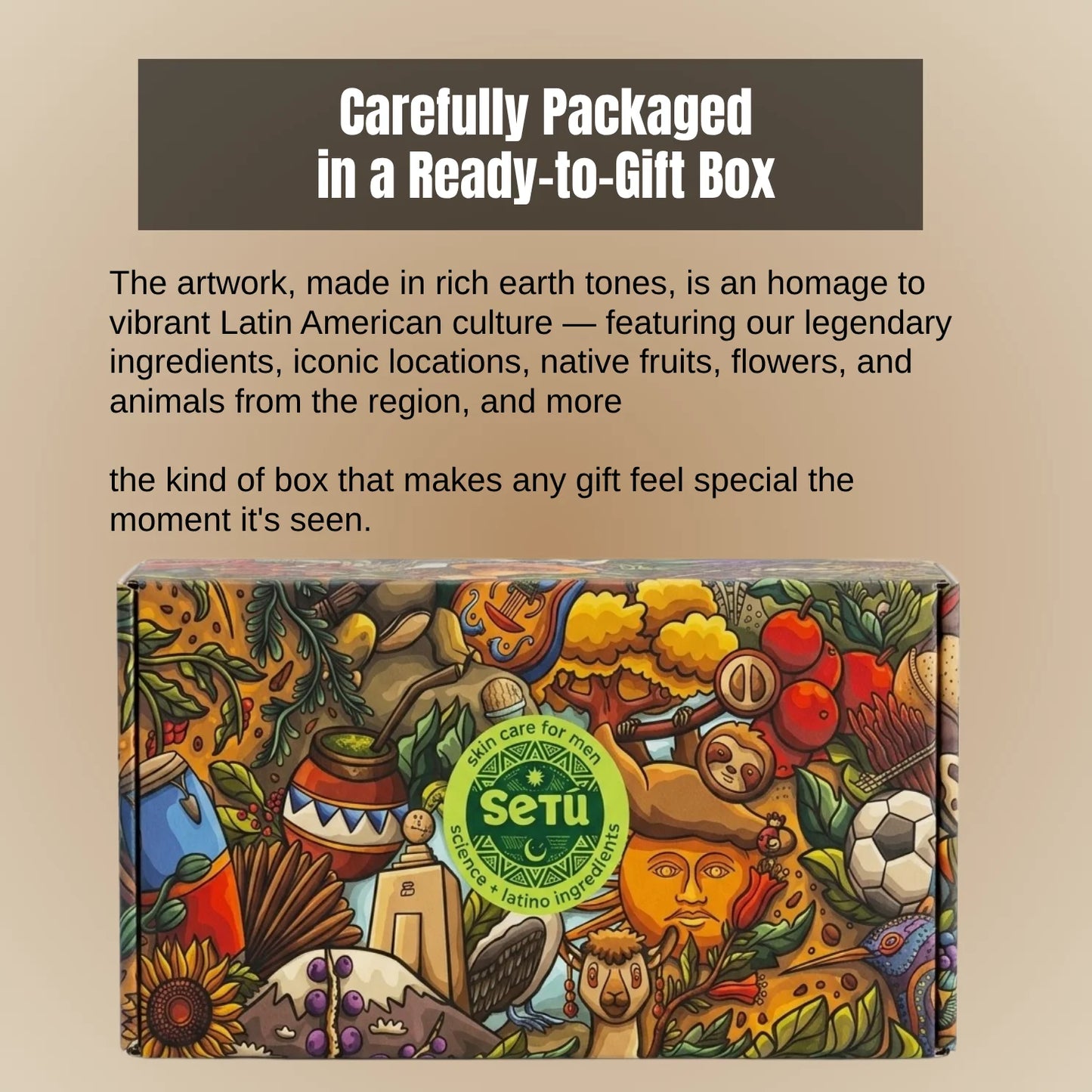 Decorative gift box with Latin American-themed artwork and Setu branding on a beige background.