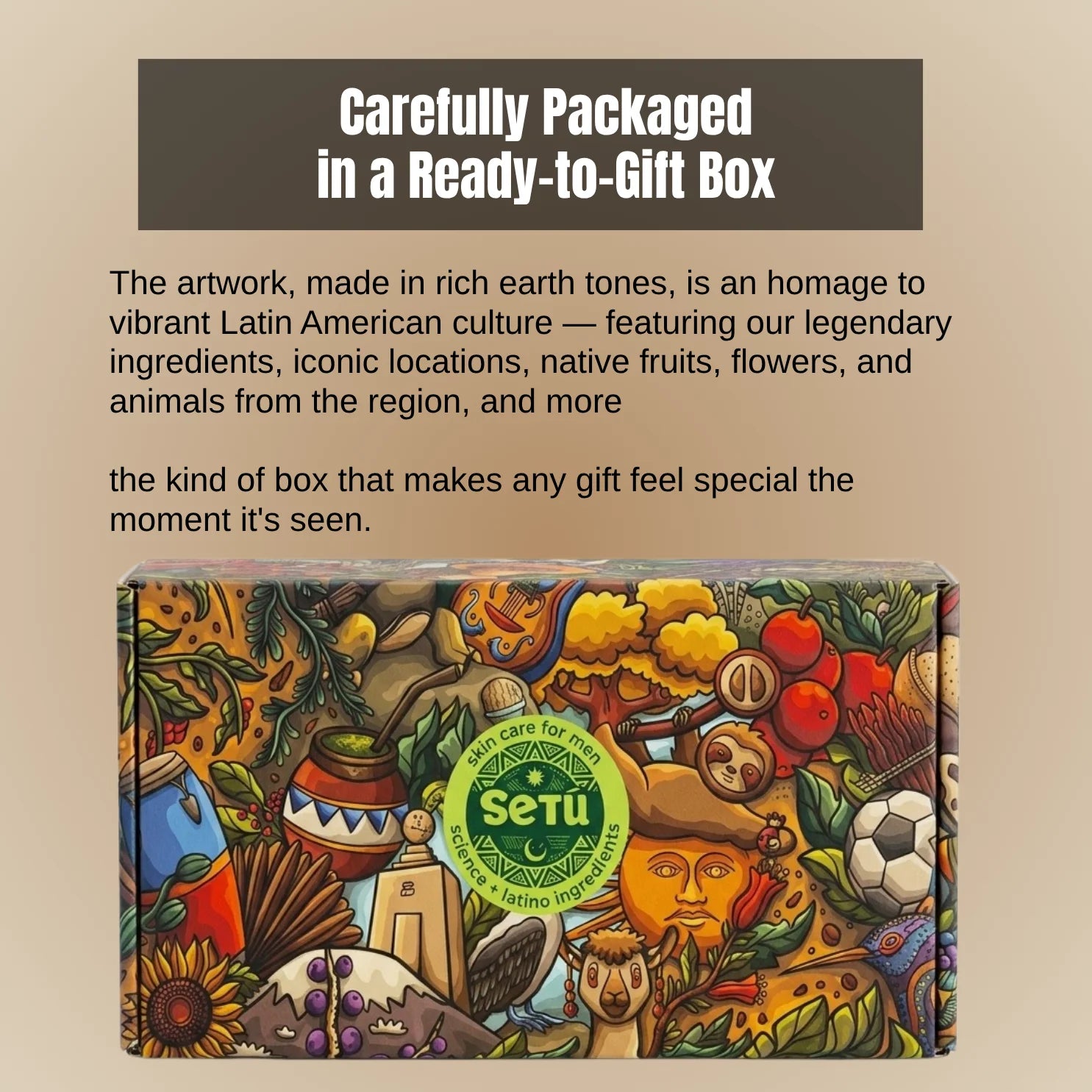 Decorative gift box with Latin American-themed artwork and Setu branding on a beige background.