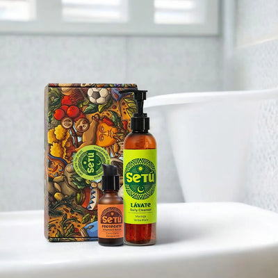 Setu morning routine product set with decorative box on a white surface